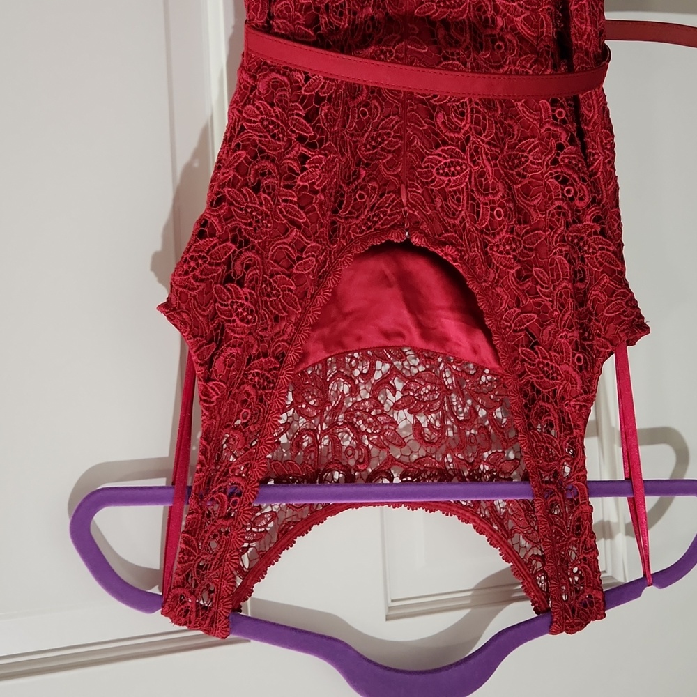 Practically New! WHBM Dark-Red Lace Holiday Mini Dress - Picture 2 of 7